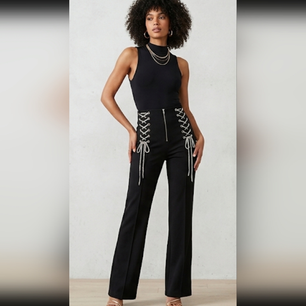 High-Waist Lace-Up Black Straight-Leg Pants